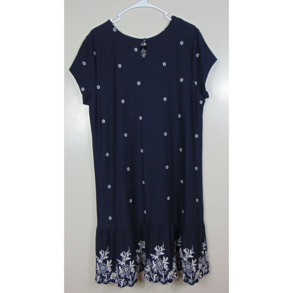 J.Jill Womens Large Navy Blue Floral Embroidered Midi Dress Short Sleeve Boho - Picture 6 of 8